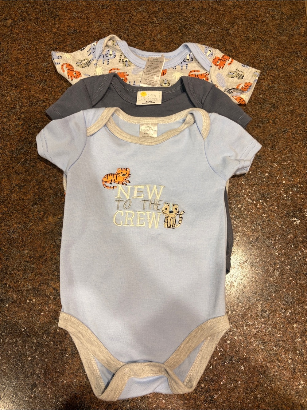 New to the Crew Baby One-Piece Bodysuit Set - Light Blue, Gray, White - 3-Pack